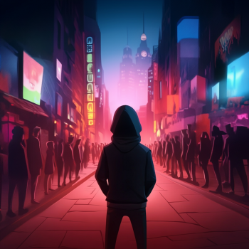 A lone, hooded figure stands with their back to the viewer, facing down a neon-lit futuristic city street filled with blurred crowds and vibrant advertisements.